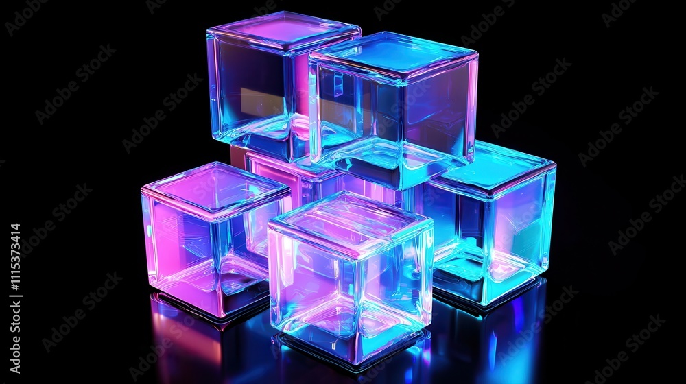 Poster captivating 3d render of stacked translucent geometric cubes with vibrant lighting effects