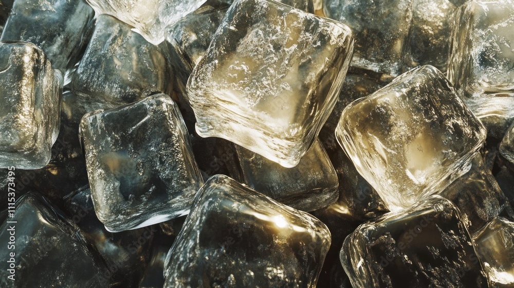 Poster a close-up view of clear ice cubes, showcasing their texture and transparency.
