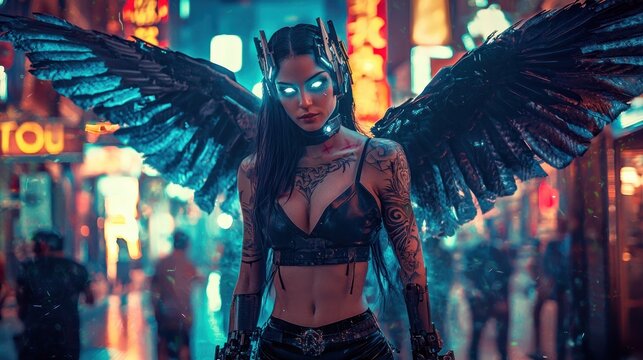 Cyberpunk Angel in Neon City: A Futuristic Fantasy