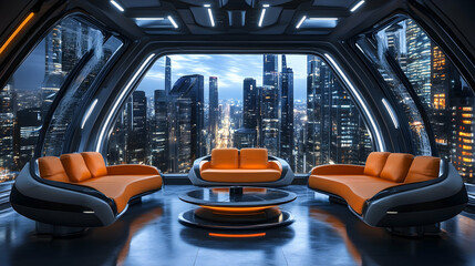 Fototapeta premium Modern Neon-Lit Living Room With City Skyline View at Night
