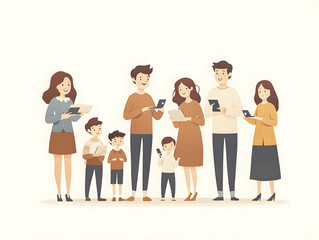 Obraz premium Flat Family Sharing Digital Memories on Plain Background with Copy Space
