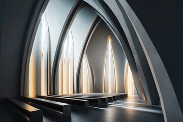 Obraz premium Minimalist Futuristic Church Interior Design with Dramatic Arches and Lighting