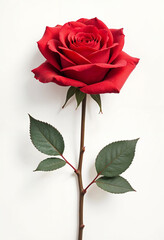 A red rose in bloom on a white background.