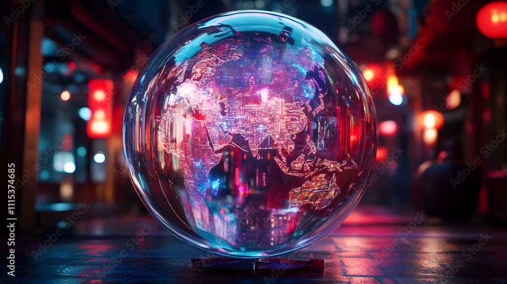 Poster futuristic cityscape with glowing globe displaying global data streams
