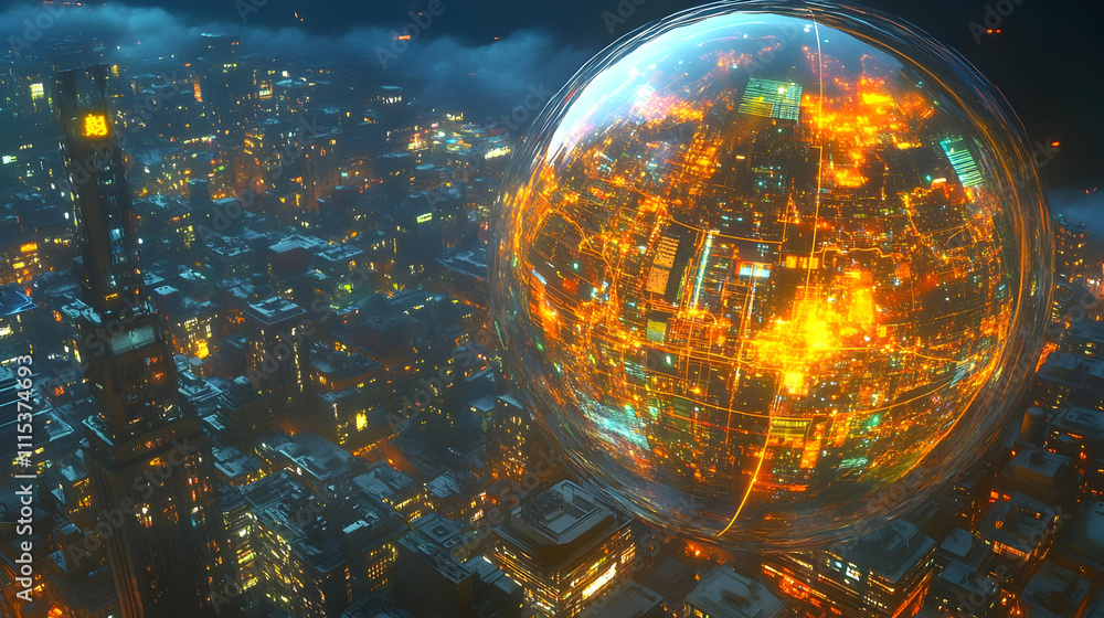 Aufkleber futuristic cityscape with glowing globe displaying global data streams
