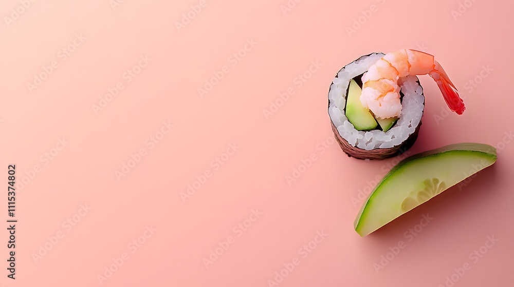 Poster A delicate sushi roll with avocado, cucumber, and shrimp, placed on a soft-colored background with space for text