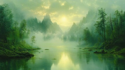 Obraz premium Misty Morning River Winding Through Lush Green Mountains