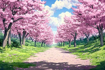 Fototapeta premium Serene Cherry Blossom Pathway in Vibrant Spring Landscape