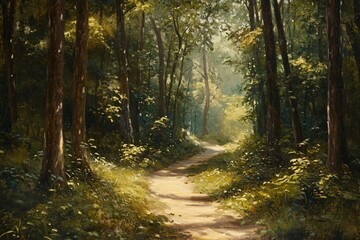 Obraz premium Serene Forest Pathway Bathed in Soft Sunlight and Lush Greenery