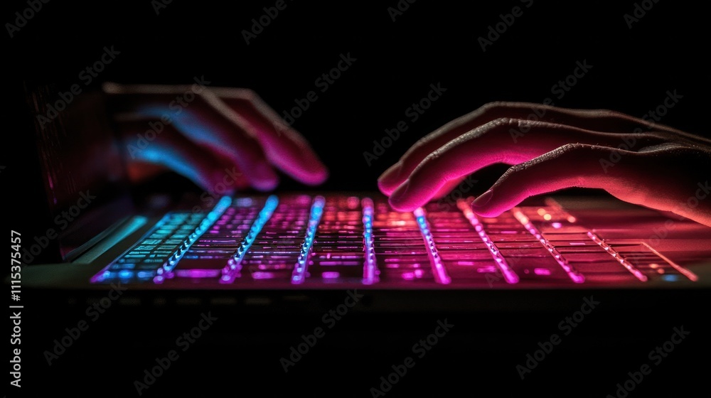 Poster close-up of hands typing on a laptop keyboard with colorful backlighting in the dark.