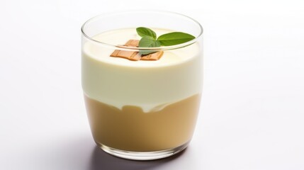 Coffee smoothie with beautifully separated layers of coffee and milk served on a white background.