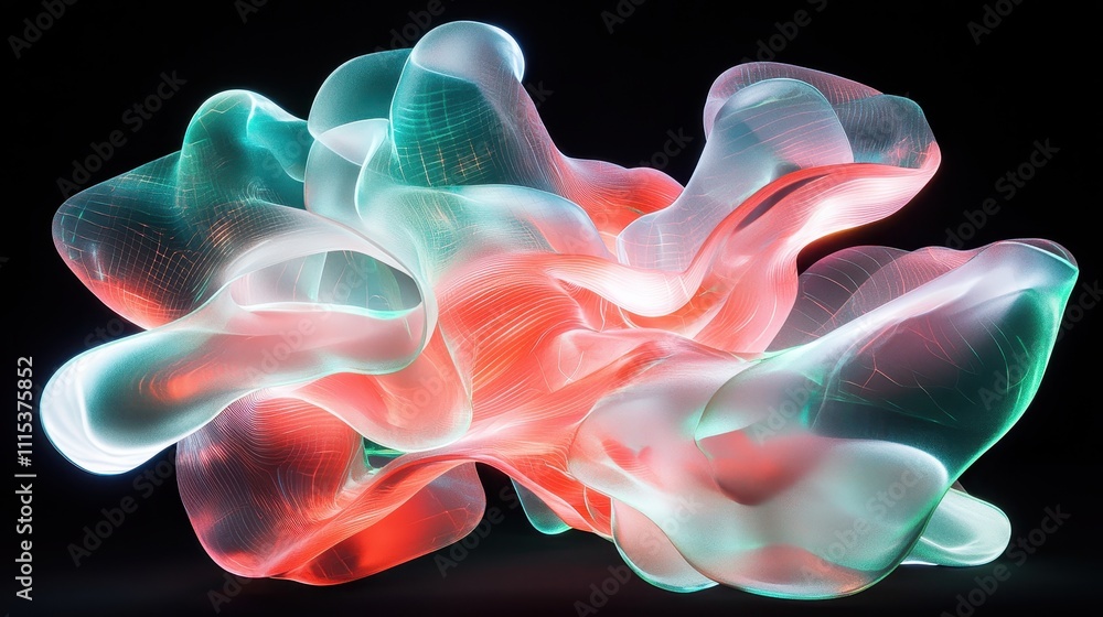 Poster striking 3d abstract artwork featuring fluid forms and dynamic light patterns in vivid colors