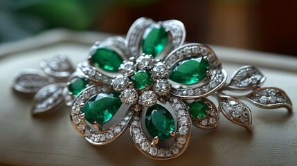Fototapeta premium Close-up of an elegant emerald and diamond brooch.