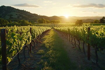 Fototapeta premium Sunset Over Vineyard Rows with Lush Green Grapevines in Hills