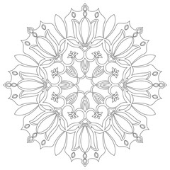 Contour mandala ornament for coloring and scrapbooking. Symmetrical pattern in Tantric yoga of Buddhism and Hinduism. A design element for the development of a color composition