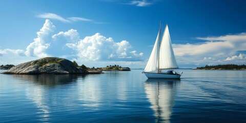 A sailboat glides through serene waters during summer holidays, capturing the essence of adventure and relaxation offered by an idyllic sailing experience in the archipelago.