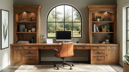 Rustic Wooden Home Office Desk With Built In Bookcases