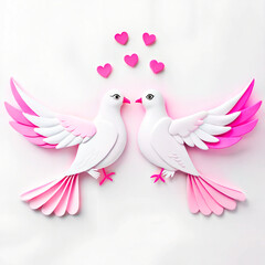Paper art of two lovebirds with pink hearts on white background for romantic decoration
