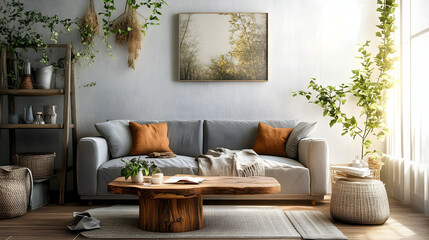 Fototapeta premium A bright living room with a grey sofa, rustic wooden coffee table, and cozy earthy tones, complemented by natural greenery and textured accents.