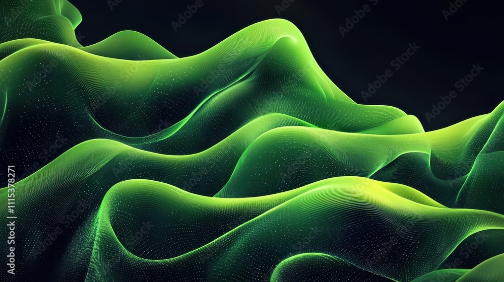 Poster abstract 3d artwork with striking green waves and fluid forms in visually captivating style
