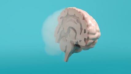 3d rendering of a beige human brain model partially dissolving into fog on a teal gradient background illustrating cognitive concepts with ample copy space..