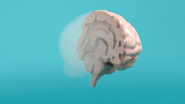 3d rendering of a beige human brain model partially dissolving into fog on a teal gradient background illustrating cognitive concepts with ample copy space..