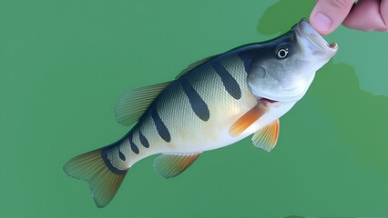 A fishing trophy showcasing a sizable freshwater perch submerged in water against a vibrant green backdrop.