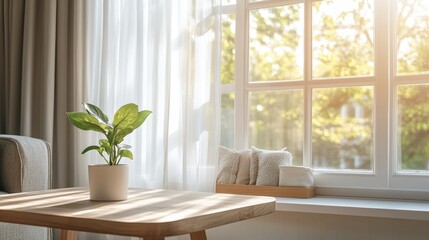 Fototapeta premium Serene Living Room with Large Window and Green Plant Detail