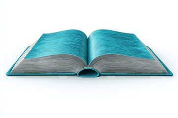 A 3D rendering of an open book with a vibrant turquoise cover and detailed pages, created in a playful cartoon style, set against a clean white background for a modern aesthetic