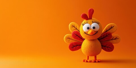 Obraz premium Cute Felt Turkey Character on an Orange Background Perfect for Seasonal Decorations or Educational Use in Art and Craft Projects