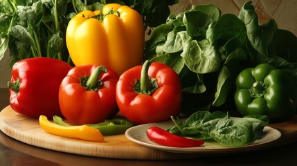 Vibrant Kitchen Scene with Fresh Vegetables on a Wooden Table