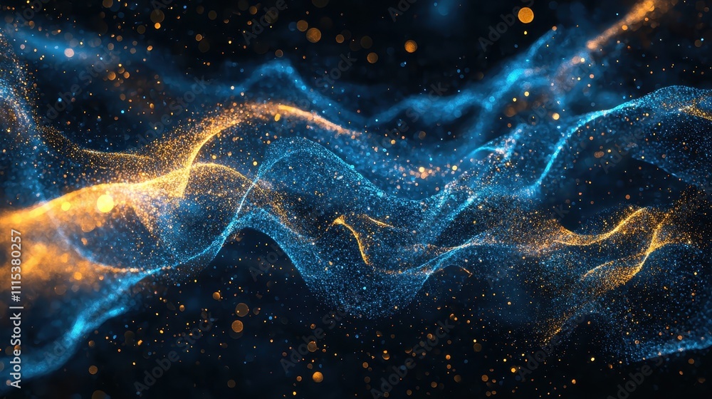Poster dynamic 3d abstract artwork with vibrant waves and shimmering particles in deep colors
