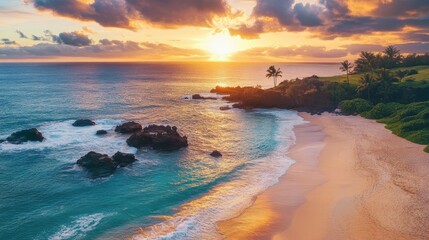 Aerial View of Pristine Beach at Sunset with Vibrant Colors