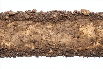 Top view dirt road isolated on white background, Aerial view soil road in countryside.