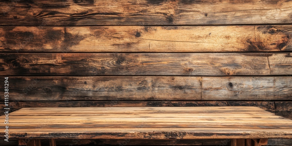 Poster Wood background featuring a rustic table complemented by a wooden wall creates a warm, inviting atmosphere. This wood background enhances any setting with its natural charm and texture.