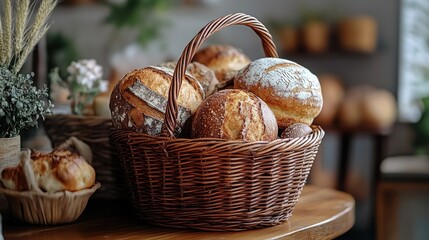 Freshly baked artisan breads in a wicker basket.