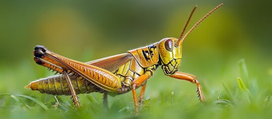 Fototapeta premium A close-up of a grasshopper on a green background. The grasshopper is perched on a blade of grass with its legs extended.