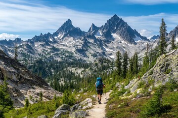 Fototapeta premium Scenic Mountain Trail Adventure in Wilderness with Hiker