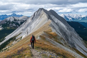 Fototapeta premium Hiker on Rugged Mountain Trail with Scenic Views in Wilderness