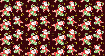 Santa Claus in summer, tourist with surfboard and juice in hand, tropical, pattern