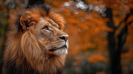 Obraz premium Majestic lion gazes thoughtfully in a vibrant autumn forest setting