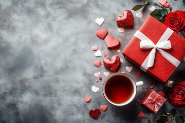 Valentine's Day background. Gift box, red roses, hot tea in cup and aper hearts on background. Flat lay, directly above, copy space.