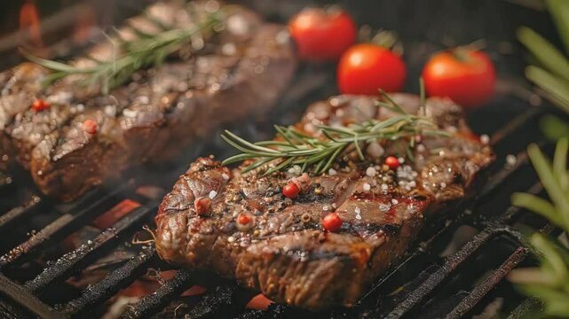 video of grilled meat is cooking meat over aon hot surface, imparting a smoky flavor and distinctive char marks. Concept of with outdoor cooking, barbecues.