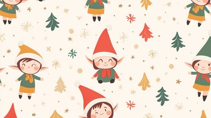 Hand-drawn seamless Christmas pattern featuring adorable elves. Ideal for wallpapers, patterns, web backgrounds, and holiday gifts. 