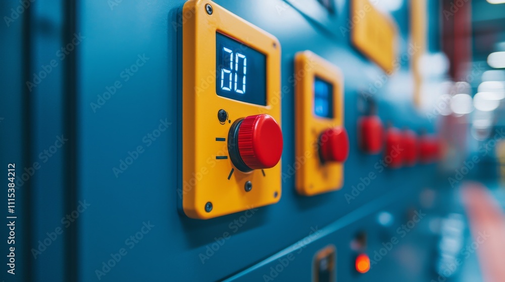 Poster control panel with digital display and red knobs in industrial setting.