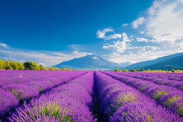 Lavender Fields Under Bright Blue Sky and Mountain View