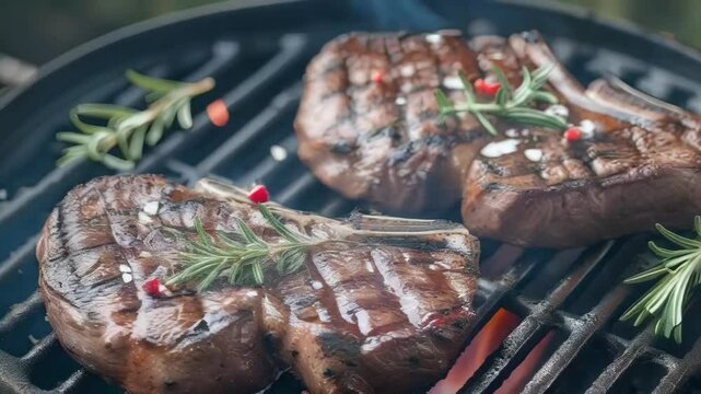 video of grilled meat is cooking meat over aon hot surface, imparting a smoky flavor and distinctive char marks. Concept of with outdoor cooking, barbecues.