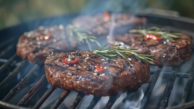 video of grilled meat is cooking meat over aon hot surface, imparting a smoky flavor and distinctive char marks. Concept of with outdoor cooking, barbecues.