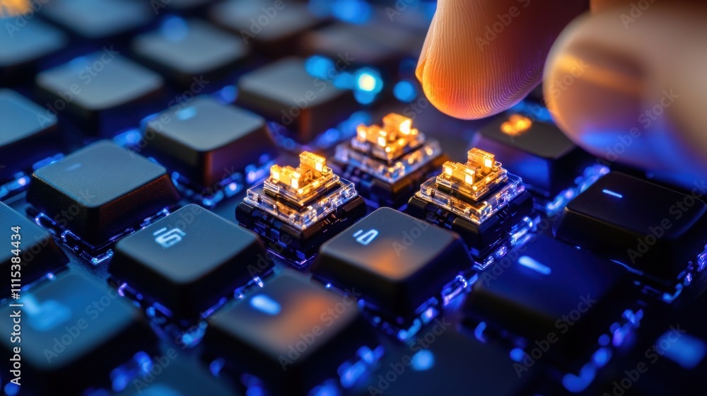 Poster close-up of finger pressing illuminated keyboard keys.