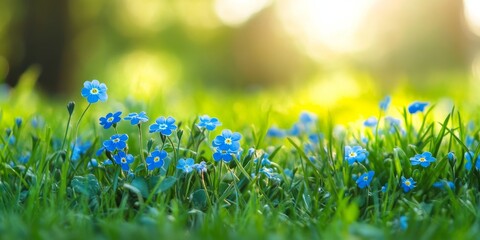 Fototapeta premium Bright blue flowers, specifically forget me nots, flourish amidst lush green grass under the warm sun, creating a vibrant scene filled with the beauty of blue flowers in nature.